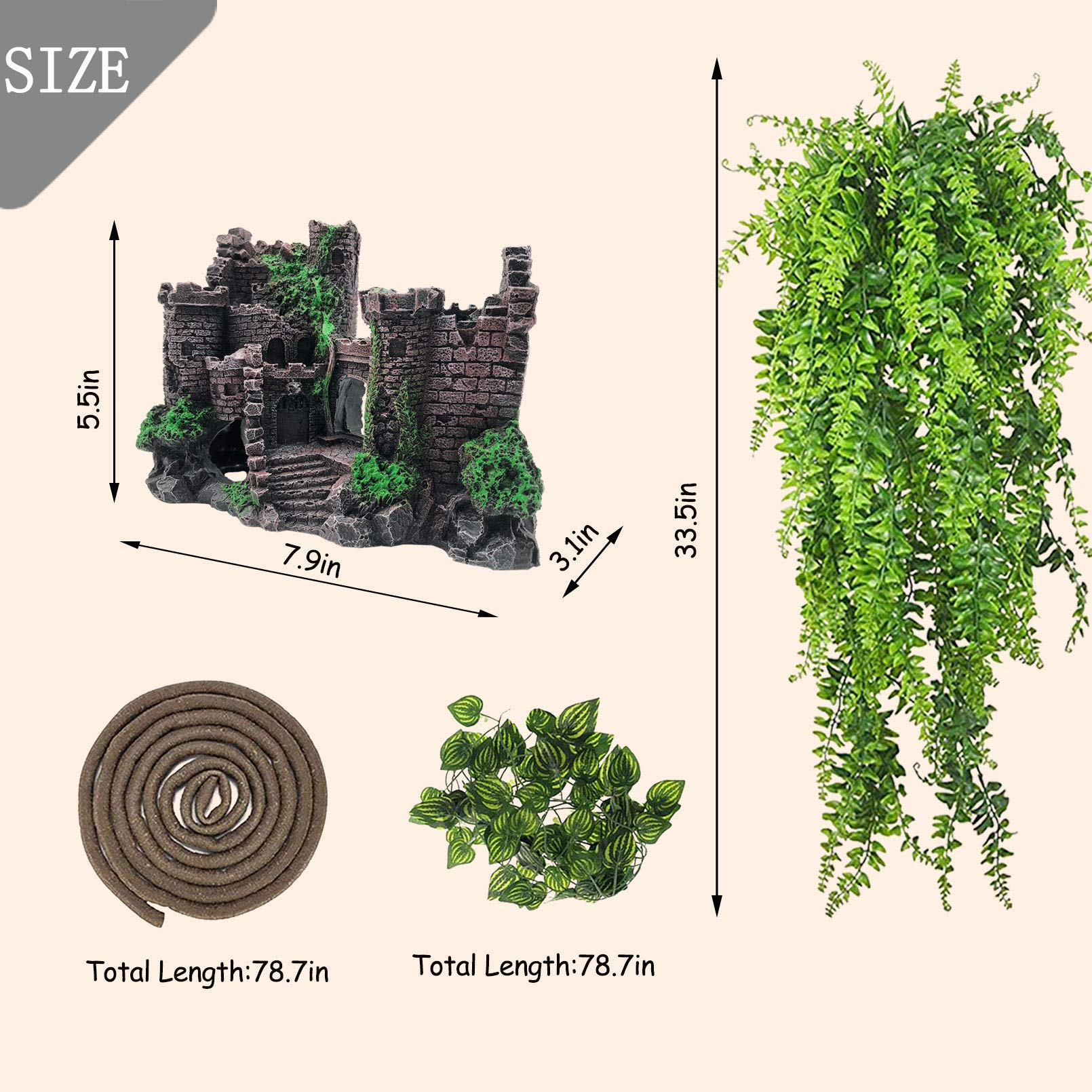 PINVNBY Reptile Resin Castle Decoration,Bearded Dragon Habitat Accessories Crested Gecko Hideouts Cave Reptiles Vines Flexible J